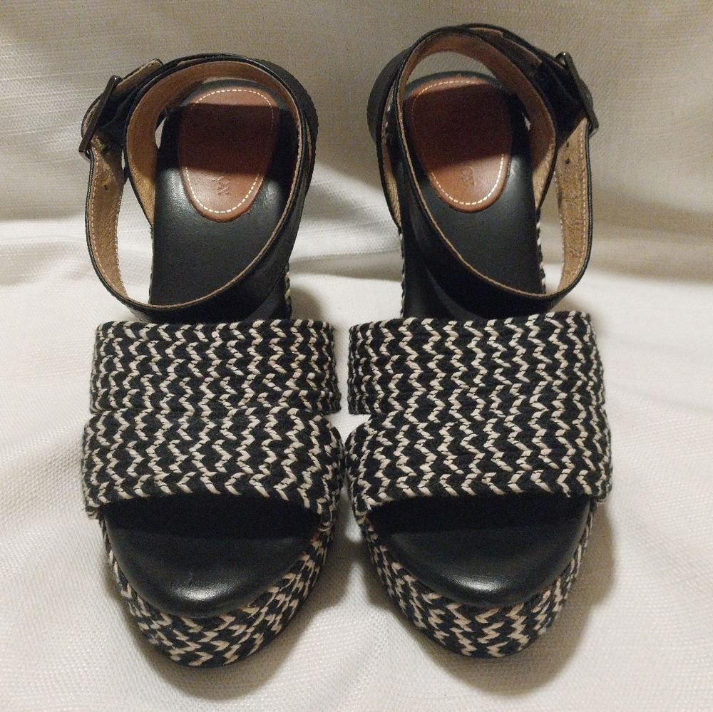 Matt Bernson Black and White Wedge Espadrille Sandals with Ankle Strap